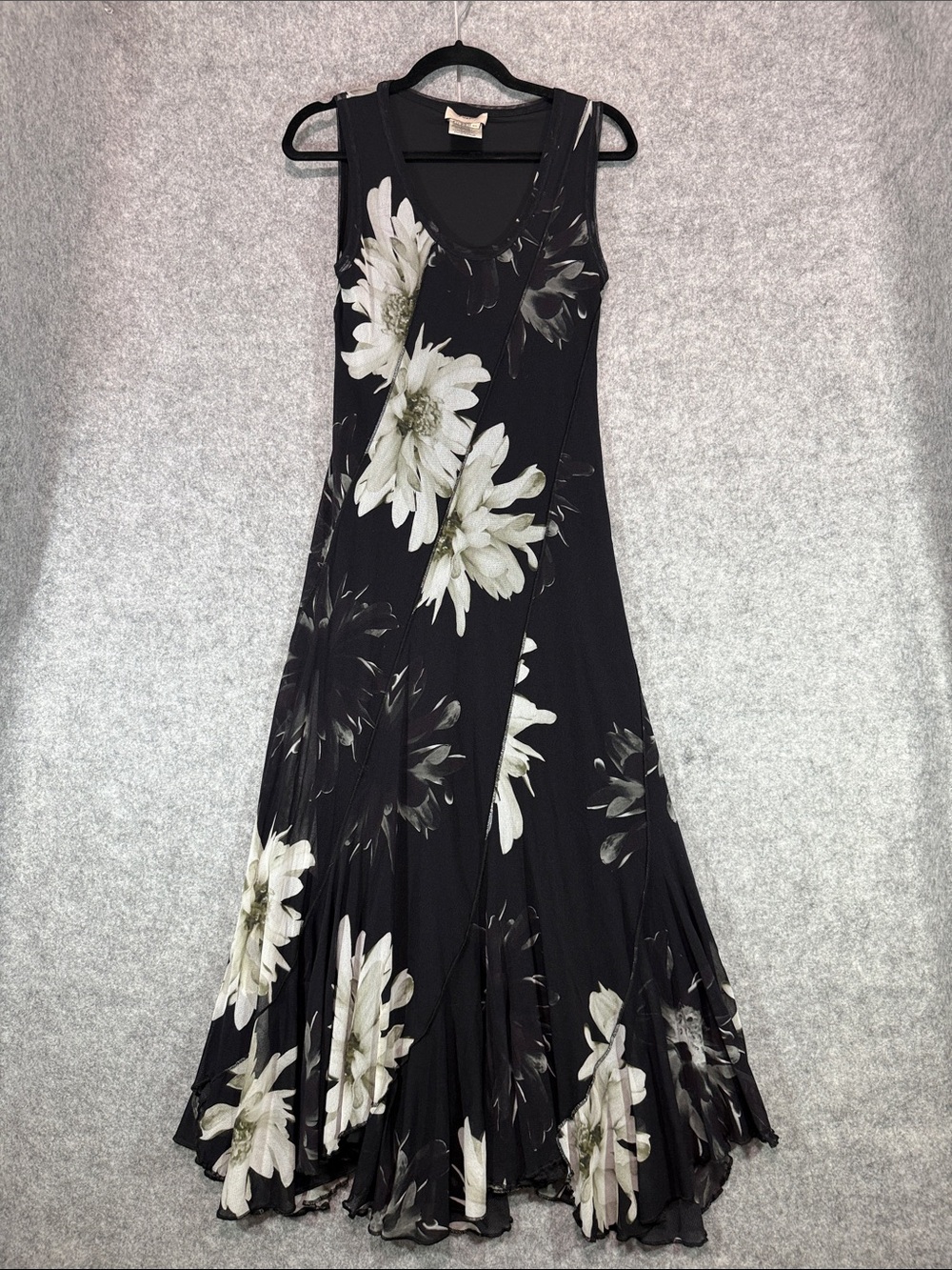 Fuzzi Floral Midi Dress Womens XL Black White Sleeveless Ruffle Hem Italy Luxury